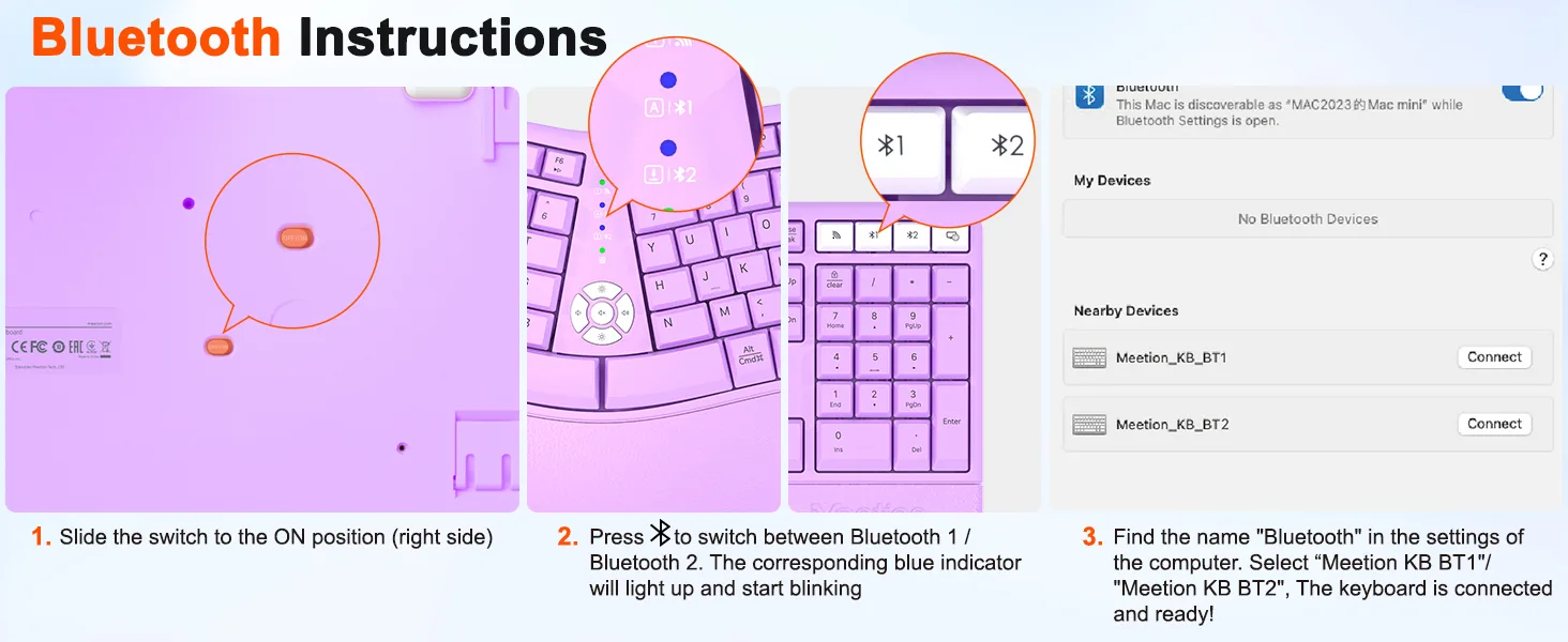 Multi Device Dual-Mode Wireless Purple Ergonomic Keyboard