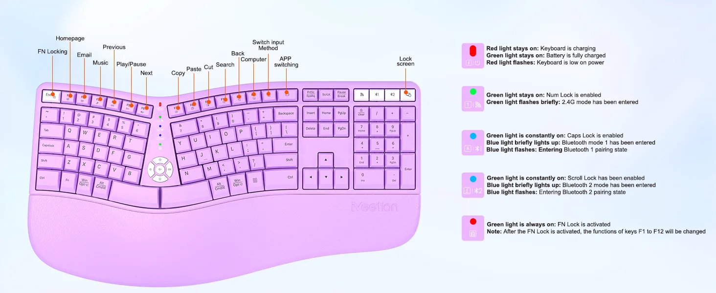 Multi Device Dual-Mode Wireless Purple Ergonomic Keyboard